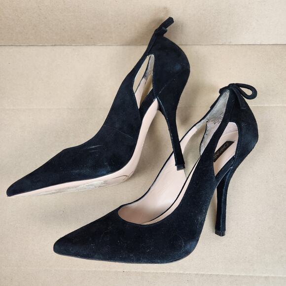 Joan & David Black Suede Strappy Pumps Women’s SZ 9M Pointed Toe Bow Stiletto - Picture 7 of 16